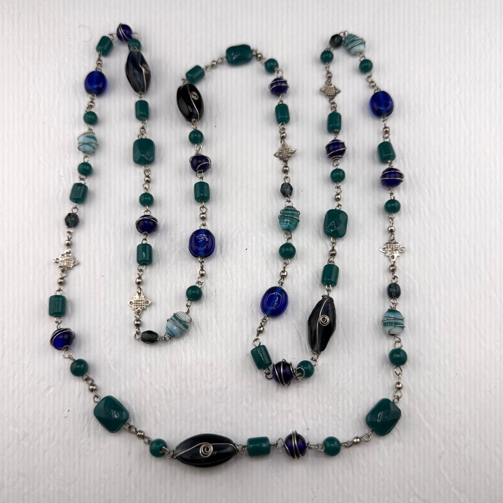 Estate Twisted Wire Beaded Glass Necklace Blue Teal Silver Tone 48in